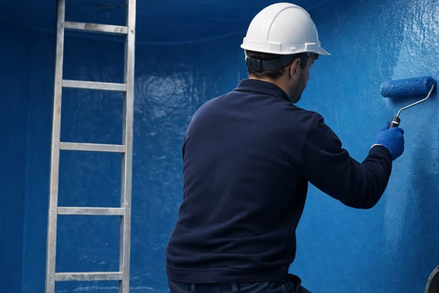 Beton su deposunun iç yüzeyine rulo ile yalıtım uygulayan usta (illüstrasyon)